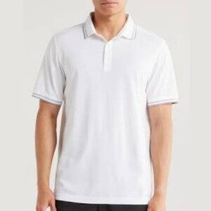 THEORY Mens Tipped Pima Cotton Pique Polo Shirt White Grey Collar Short Slv XL